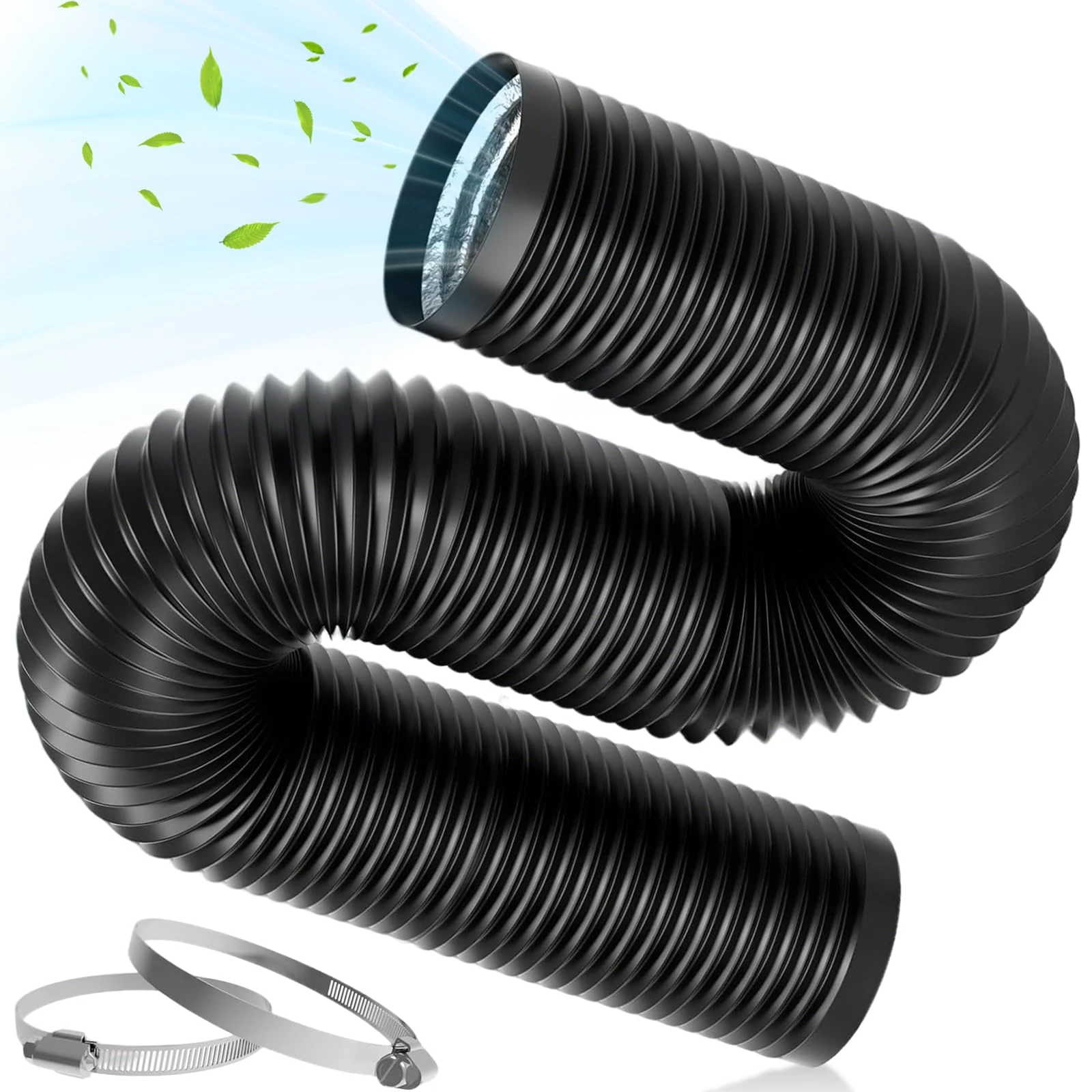 Warmfay 100mm Aluminium PVC Ventilation Air Ducting 2m, Flexible Tumble Dryer Vent Hose, Black Air Ducting with 2 Stainless Steel Clamps for Universal Tumble Dryer, Cooker Hood, Extractor Fan