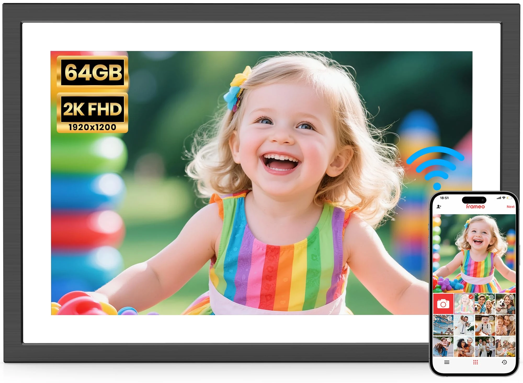 2K 64GB Frameo 10.1" WiFi Digital Picture Frame - Electronic Photo Frame with FHD 1920 x 1200 IPS Touch Screen-Auto Rotate, Easy Setup and Share Photos/Videos Instantly