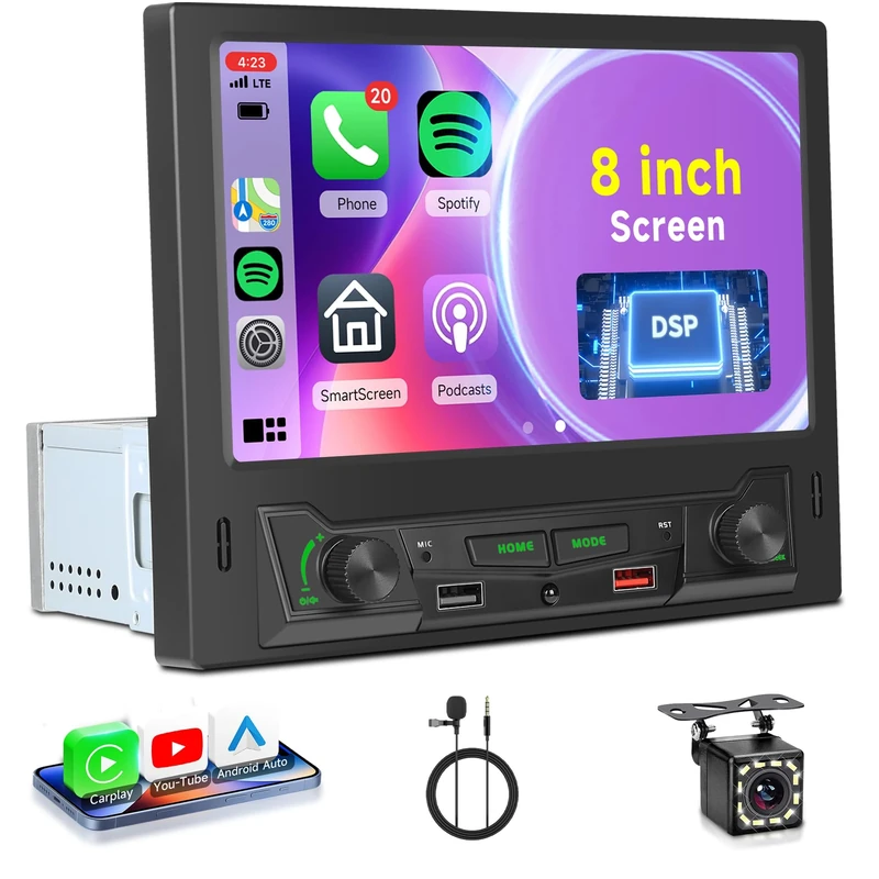 Rimoody 8 Inch Single Din Wireless Carplay Android Auto Car Radio, Touch Screen Car Stereo Bluetooth Mirror Link FM DSP Online Video Backup Camera