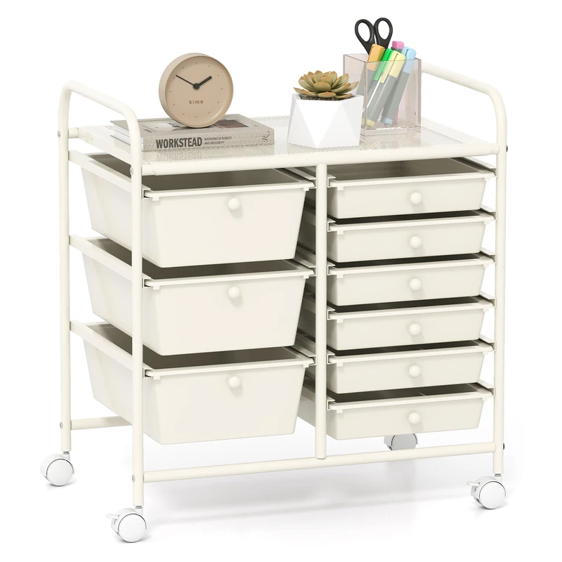 GiantexUK 9 Drawers Rolling Trolley, Metal Frame Utility Storage Organizer Cart with 4 Wheels, Multipurpose Shelving Organizer Unit for Home Office Salon Makeup Beauty (Cream White)