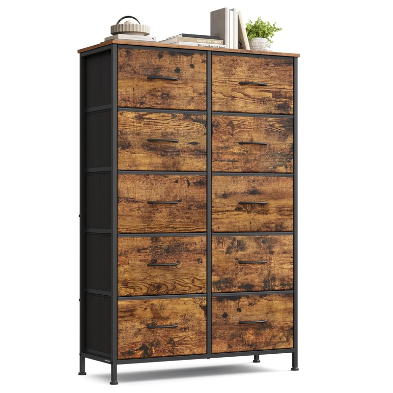 SONGMICS Chest of Drawers, 10 Fabric Drawers Storage Unit, Steel, MDF, Non-Woven Fabric, for Bedroom, Closet, Hallway, Living Room, Rustic Brown and Ink Black LGS125BH04