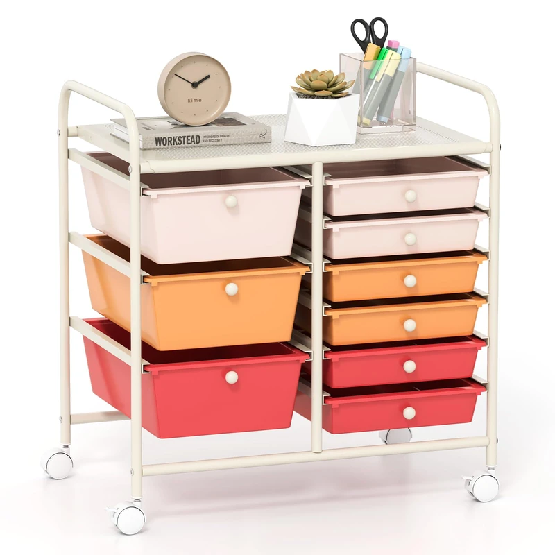 GiantexUK 9 Drawers Rolling Trolley, Metal Frame Utility Storage Organizer Cart with 4 Wheels, Multipurpose Shelving Organizer Unit for Home Office Salon Makeup Beauty (Macaron)