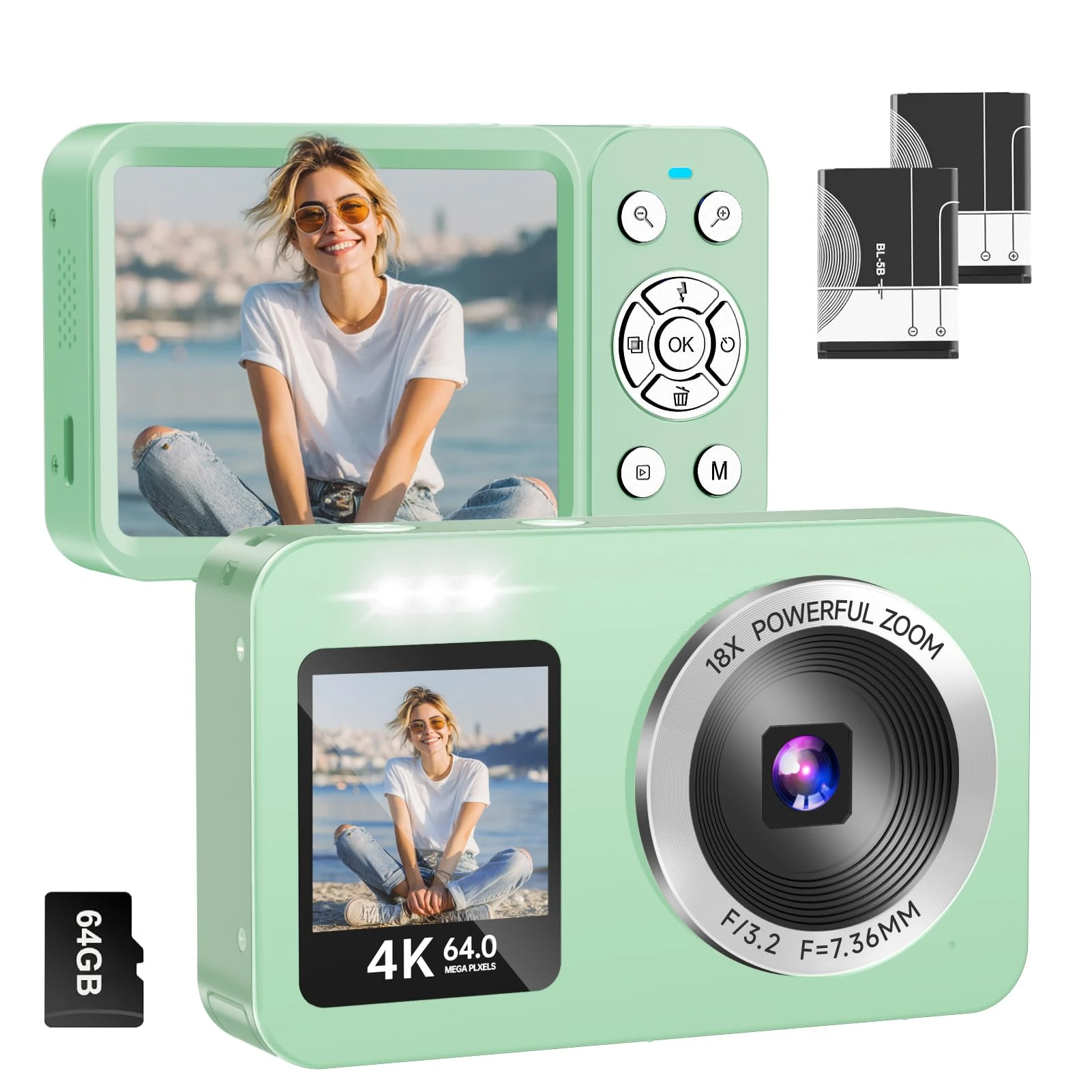 Digital Camera 4K 64MP with 64G SD Card, Front and Rear Dual Screens, 18X Digital Zoom Mini Compact Portable Vlogging Camera, 2 Batteries, for Kids Teen Students Girl Boy Beginner (Green)