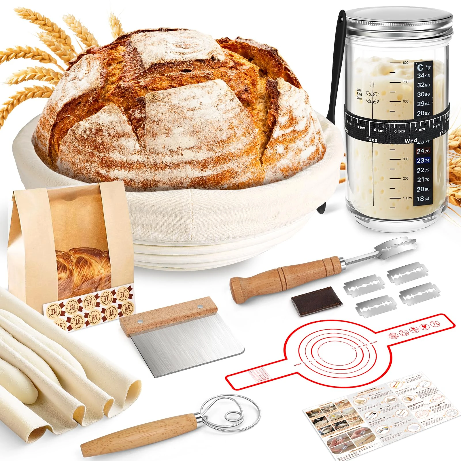 NZQXJXZ Banneton Bread Proofing Basket Set, 9" Round Sourdough Bread Making Kit with 32oz Sourdough Starter Jar, 100% Natural Rattan, Baking Gifts for Professionals and Home Bakers, 16pcs