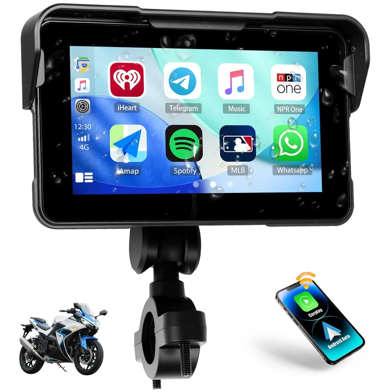 CAMECHO Motorcycle CarPlay Screen with Bluetooth, 5 Inch Touchscreen Wireless CarPlay & Android Auto Airplay Screen for Motobike, IP68 Waterproof, Dual Bluetooth Trans, Navigation, Voice Control