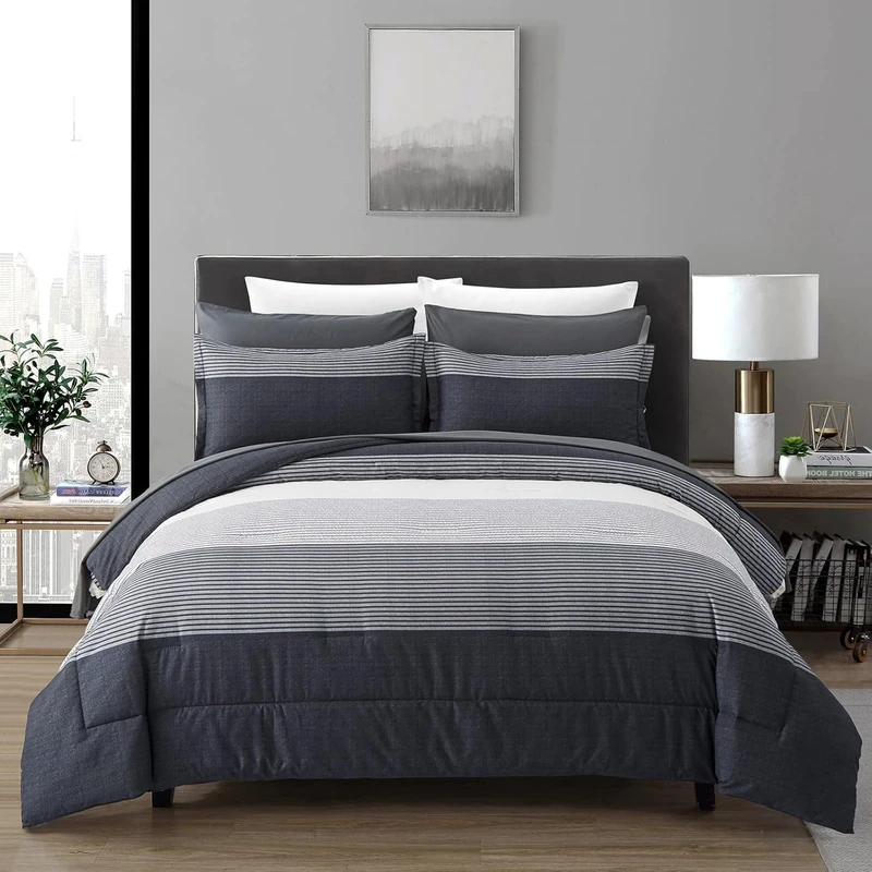 Anibedding 7 Pieces Bed in a Bag Black Grey Comforter Full Size, Lightweight Striped Microfiber Bedding Set for Bedroom (1 Comforter, 2 Pillowcase, 2 Pillow Shams,1 Flat Sheet, 1 Fitted Sheet)