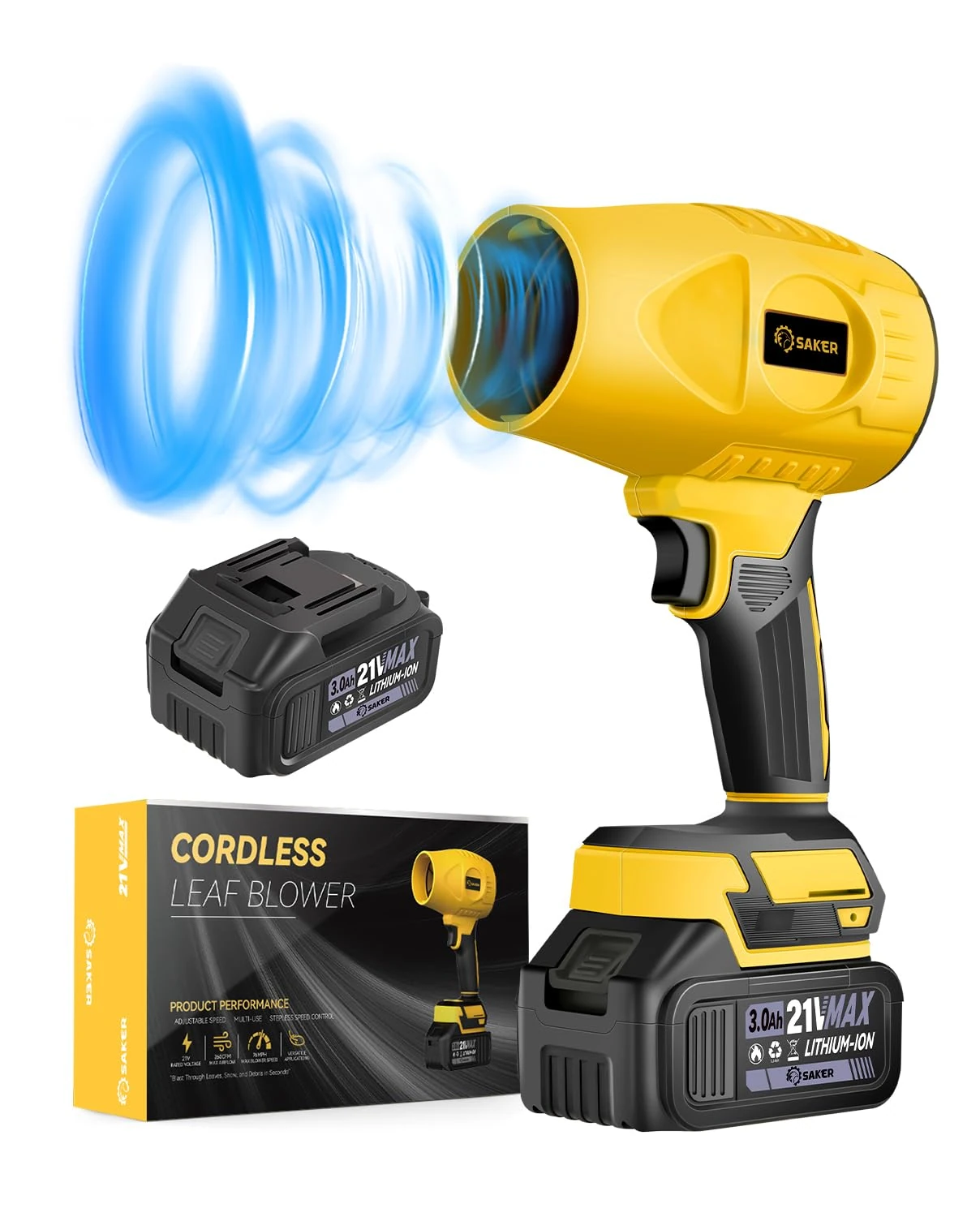 Saker Cordless Leaf Blower Portable Dust Cleaner Handheld Blowers 180000 RPM with Adjustable Speed for Patio Cleaning Drying Camping 2 Batteries Yellow