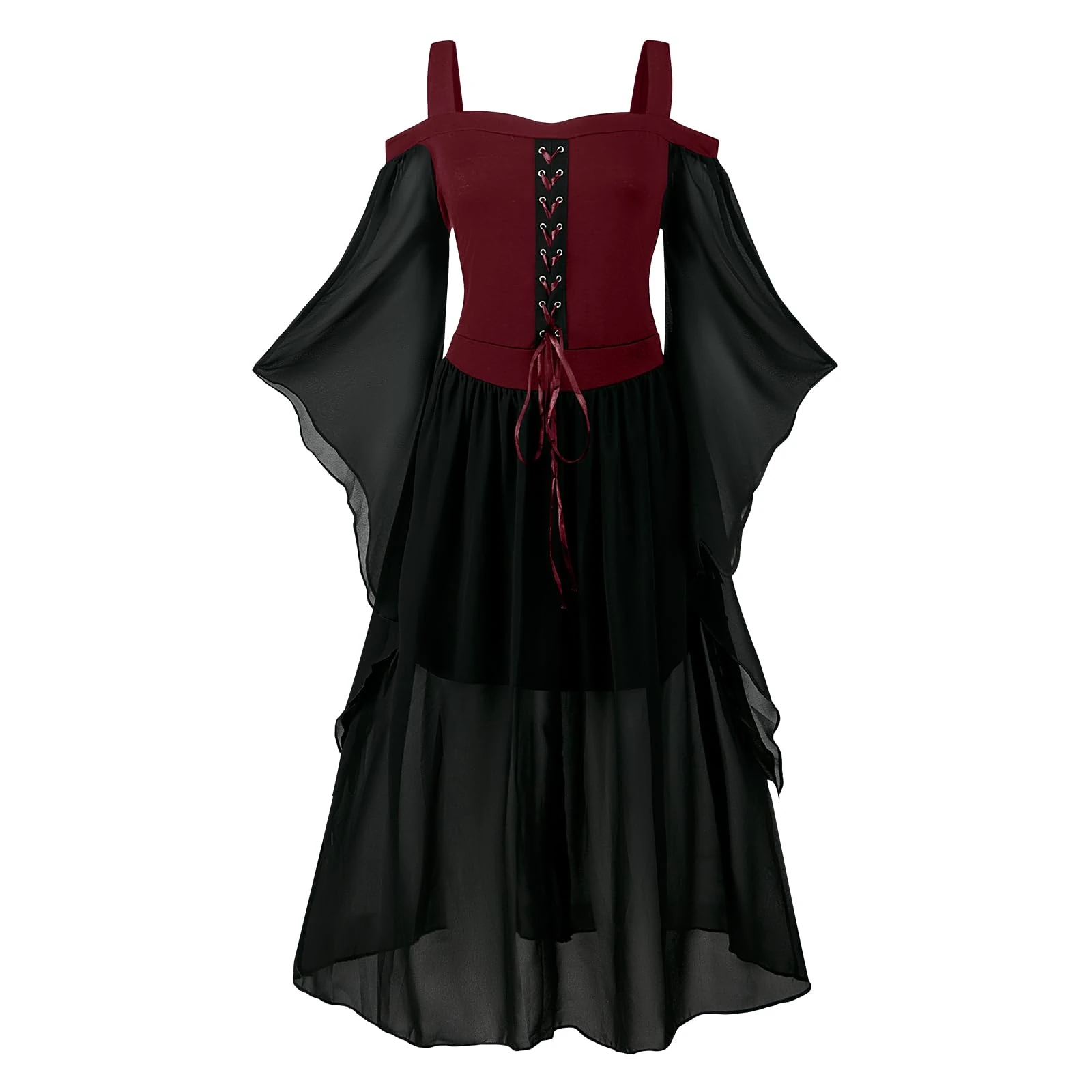 Women's Medieval Costume Gothic Dress With Trumpet Sleeves Renaissance Costume Corset for Halloween Party (Red, XL)