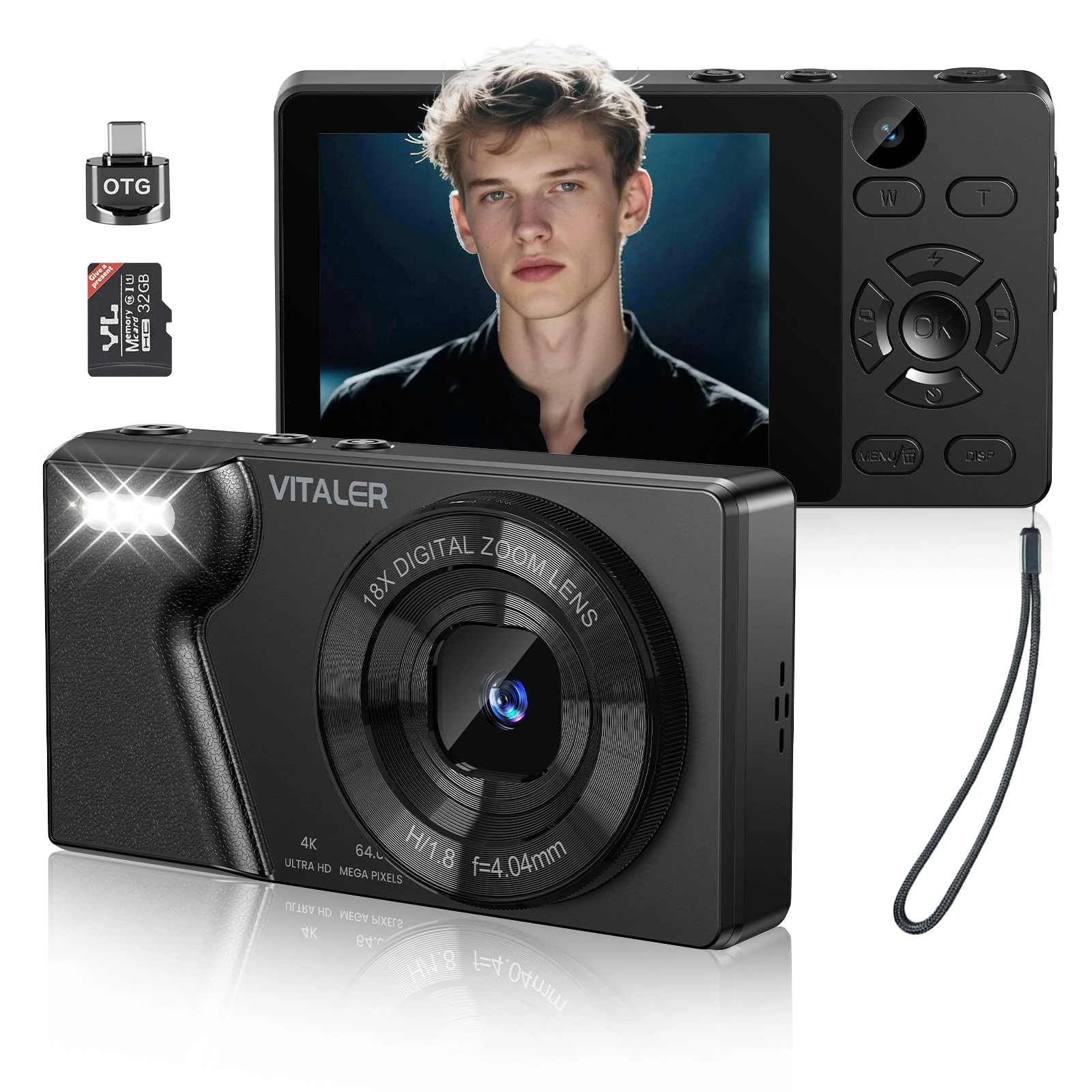 Digital Camera 4K 64MP Compact Camera with Dual Lens,2000mAh Battery,2.8" IPS Screen,18X Digital Zoom,32GB Micro SD Card and OTG Adapter Auto-Focus Small Camera for Kids,Teenagers,Beginners,Black