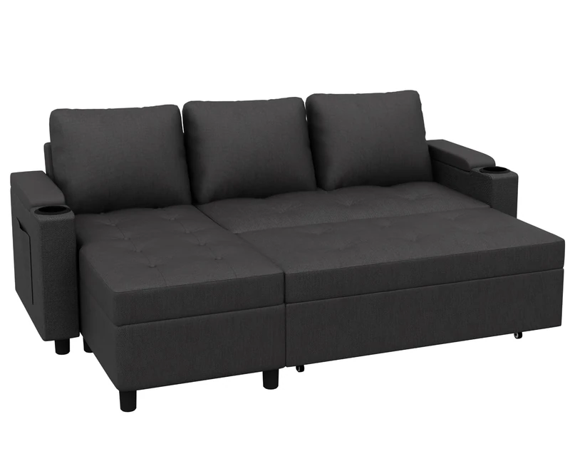 Devoko Sofa Bed, 3 Seater L-Shaped Pull-Out Corner Sofa Bed with Storage & Cup Holders, Space-Saving Convertible Sectional Sofa for Living Room & Bedroom, Grey