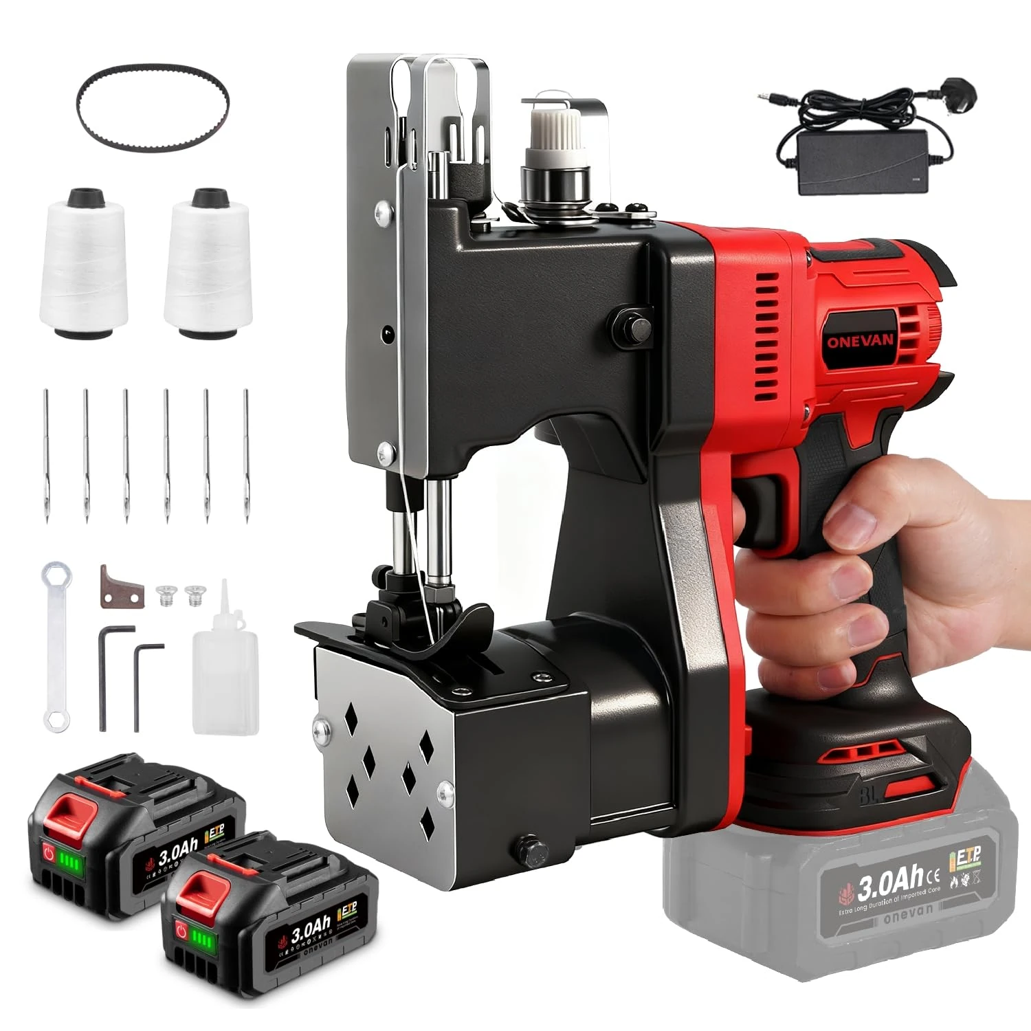 Cordless Portable Electric Sewing Machine - Closer Closing Machine with 3 Rolls of Thread for Rice/Sack/Woven/Paper/Plastic Bags (Incl. 2 Batteries)