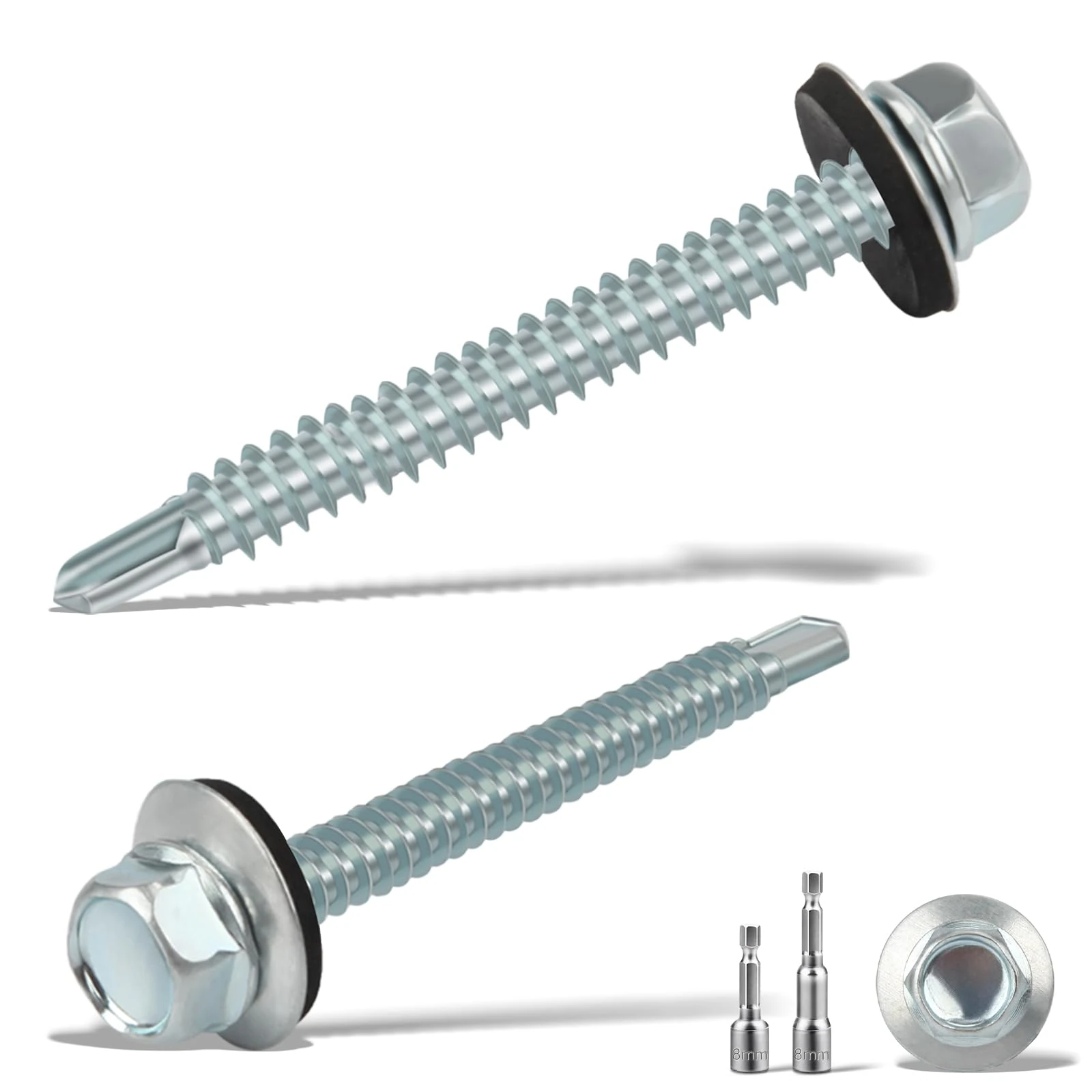 sturiz 45PCS 5.5x50 mm Self Drilling Screws for Metal Roofing Screws with Rubber Washers Hex Head Self Tapping Screws und 2 M8 Hex Socket Tech Screws Zinc Corrugated Roof Fixings for Tin Roof