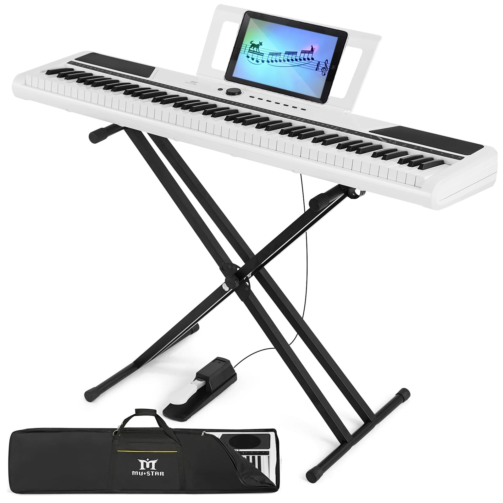 MUSTAR 88 Key Piano Keyboard for Beginners, Digital Piano 88 Semi Weighted Key with Stand, Full Size Electric Piano Keyboard 88 Keys, 2x25W Stereo Speakers, Case, Sustain Pedal (White)