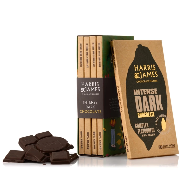 Harris & James 4 x Intense 85% Dark Chocolate Bar Library Pack, Handcrafted Bean To Bar Chocolate In a Gift Box Made From Ecuadorian Cacao (86g x 4 Bars)