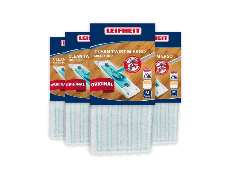 Leifheit Pack of 4 Micro Duo Floor Wash Covers for Clean Twist M Ergo/PowerClean, Microfibre Replacement Cover, Flat Mop Cover, Cleaning Cover for All Floors, Double Fibre Cover