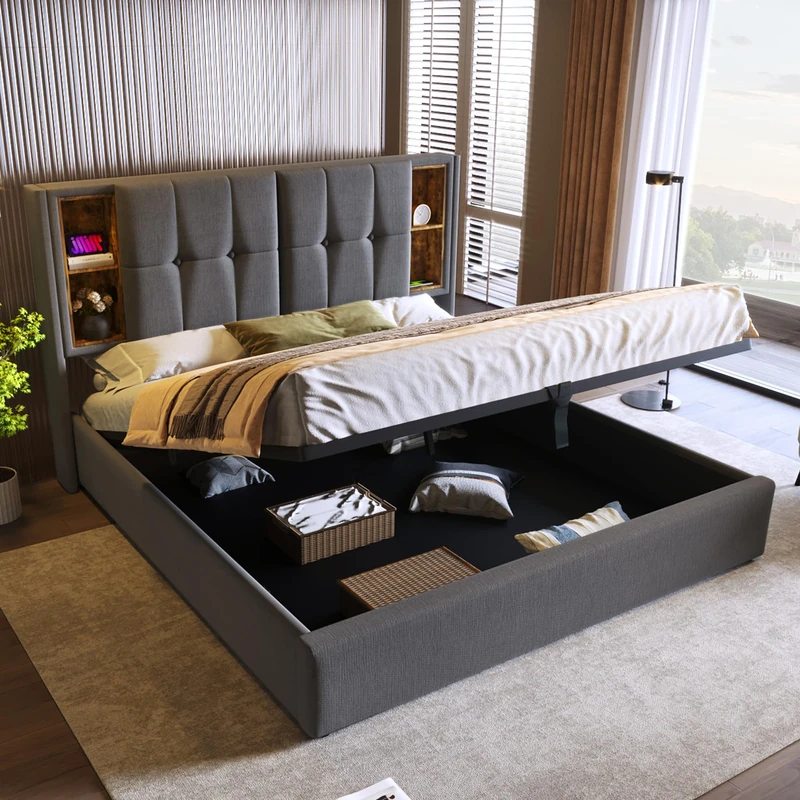 Ball & Cast Upholstered Double Bed, Ottoman Storage Bed Frame With Hydraulic Lever, Wireless Charging(USB Tyep-C), Linen Fabric, Grey/135 x 190cm(No Mattress)