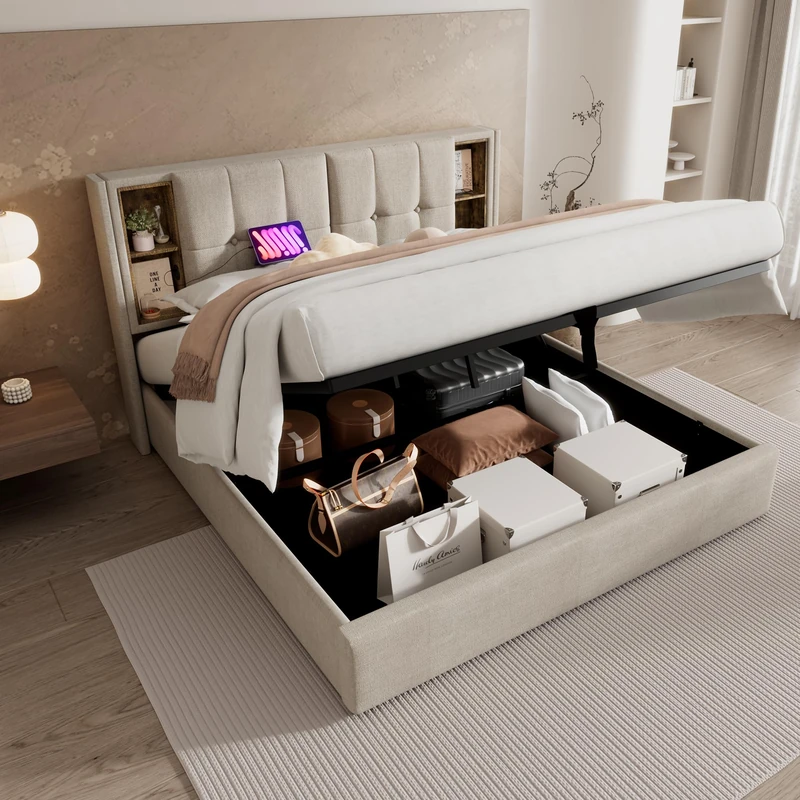 Ball & Cast Upholstered King Size Bed, Ottoman Storage Bed Frame With Hydraulic Lever, Wireless Charging(USB Tyep-C), Linen Fabric, Natural/150 x 200cm(No Mattress) - Image 1
