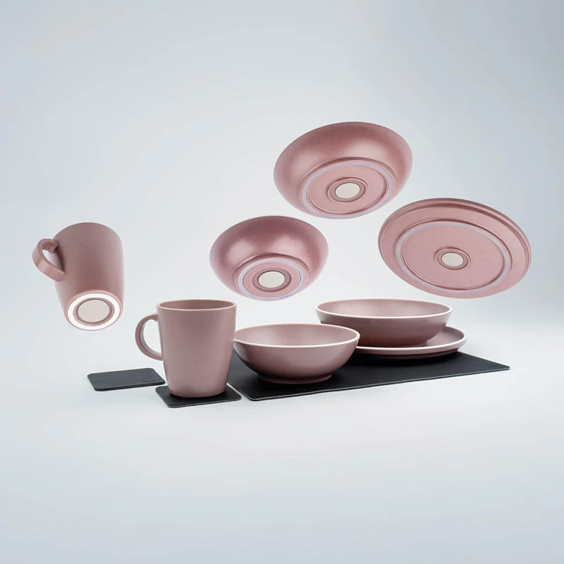 Silwy® Dolomit Grey Magnetic Tableware Set - 11-Piece Plastic Tableware in Stonetouch Design | for Motorhome, Camping & Boat | Rattle Free & Shatterproof | Includes Nano Gel Mat & Pads (Rose) - Image 1