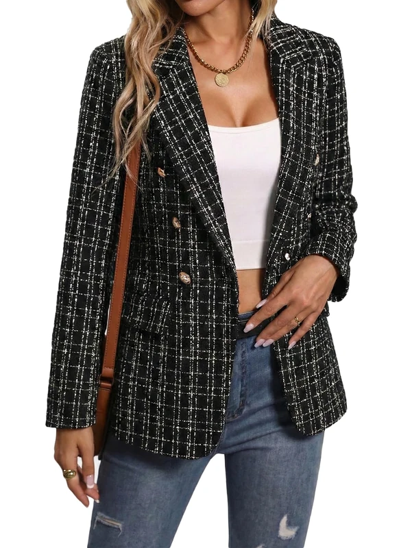 Mina Self 2025 Fall Women's Tweed Plaid Blazer Jacket - Fully Lined Fashion Business Casual Lapel Elegant Coat with Pockets, 3-Plaid-Black, XXL
