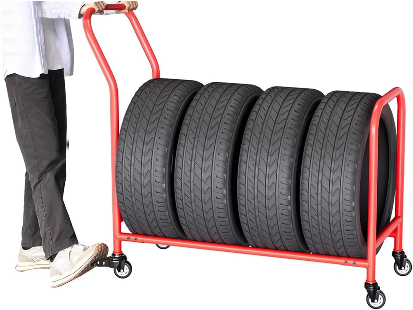 SaryEdge Mobile Tire Rims Storage Rack, Home Commercial Car Tire Organizer Holder with 2 Brake Wheel, Auto Shops/Garage/Workshop Multi-Tire Shelf Display Stand(
