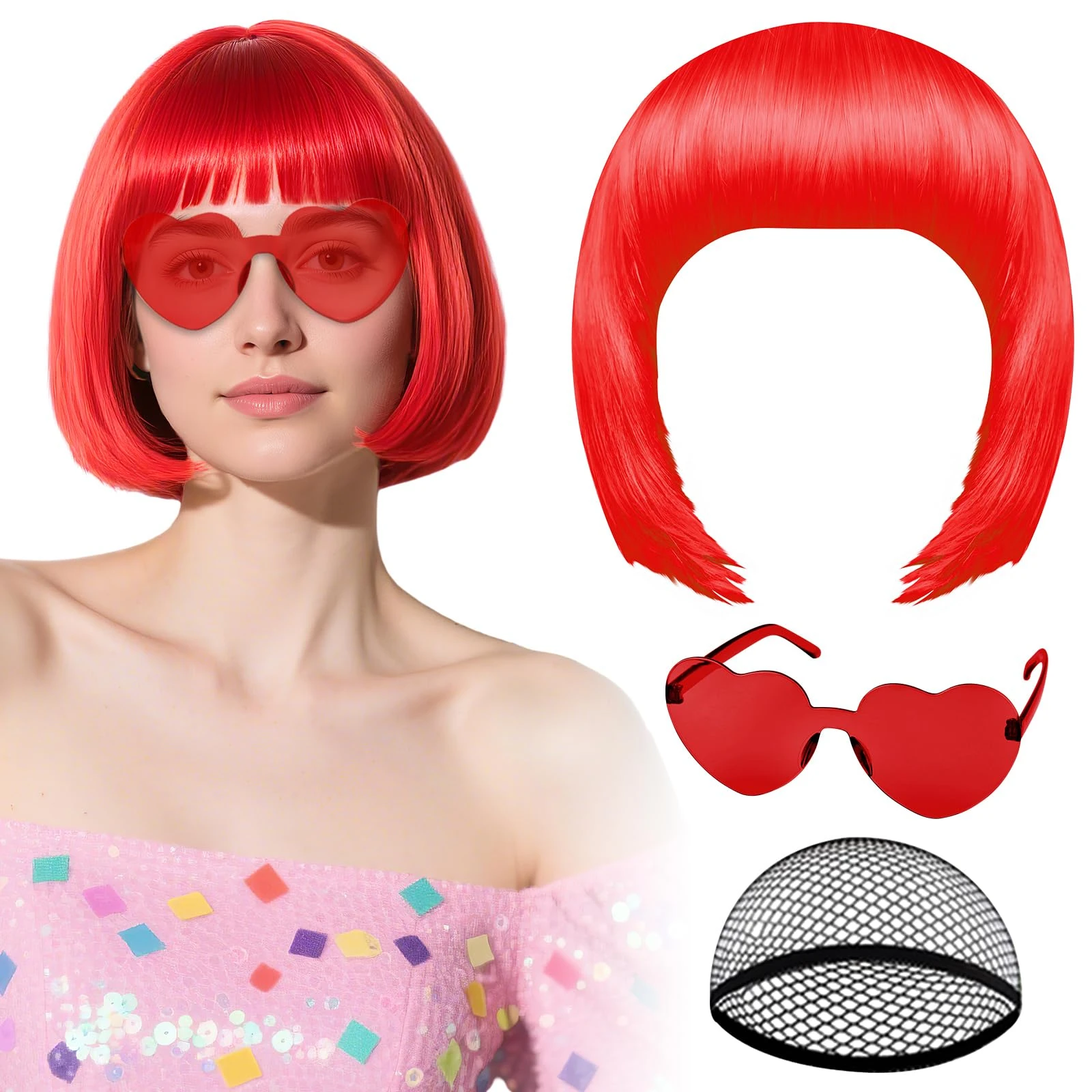 PLULON Red Bob Wig with Heart Sunglasses and Hair Cap, Colorful Short Bob Wigs Synthetic Party Wigs Funny Cosplay Hairpieces for Women Men Daily Bachelorette Halloween Costume Party Decorations