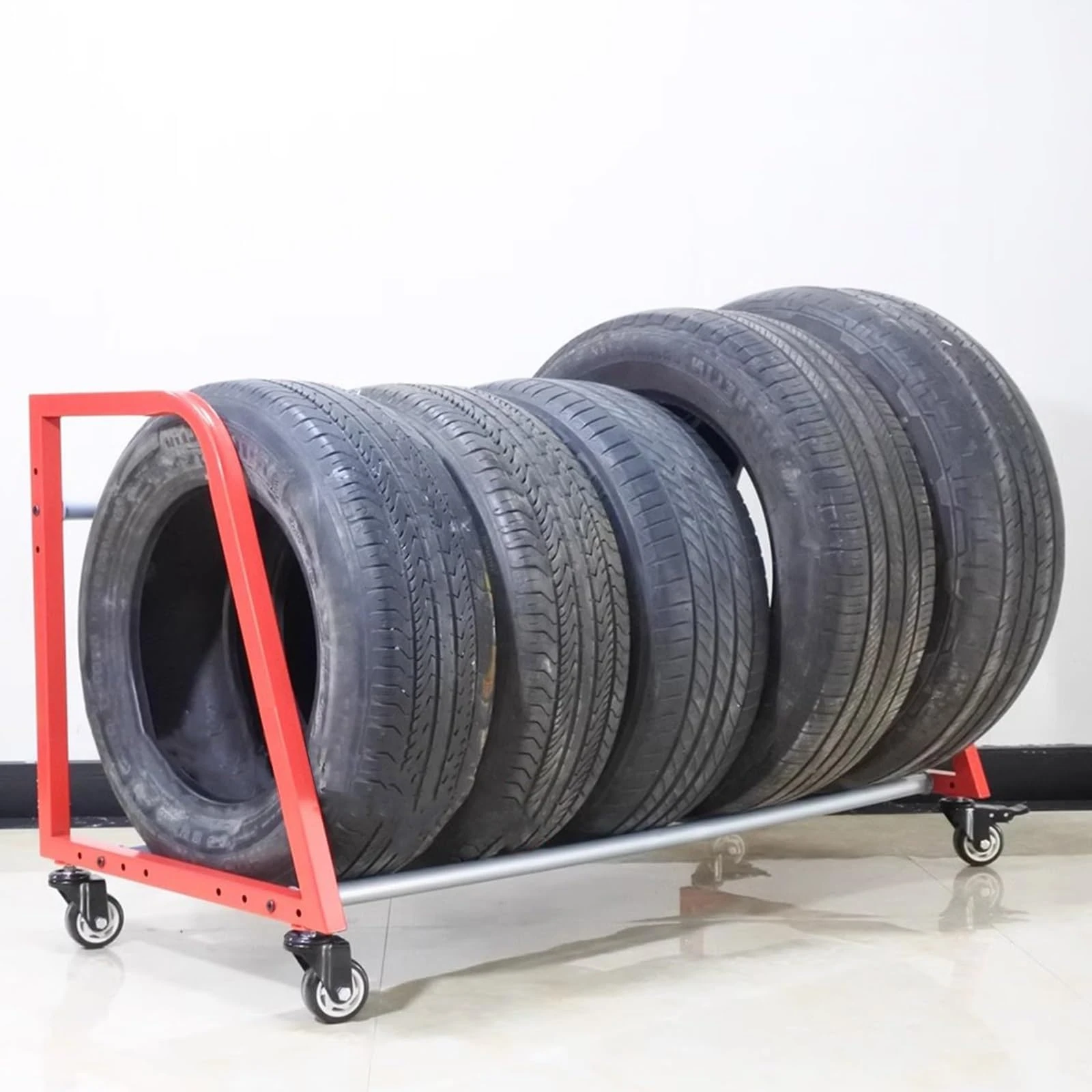 SaryEdge Garage Tyres Storage Stand with Casters,127 Cm Workshop Tire Rack Shelving, Mobile Utility Cart for Car Tire Rim Wheels, Space-Saving Car Tire Display S(