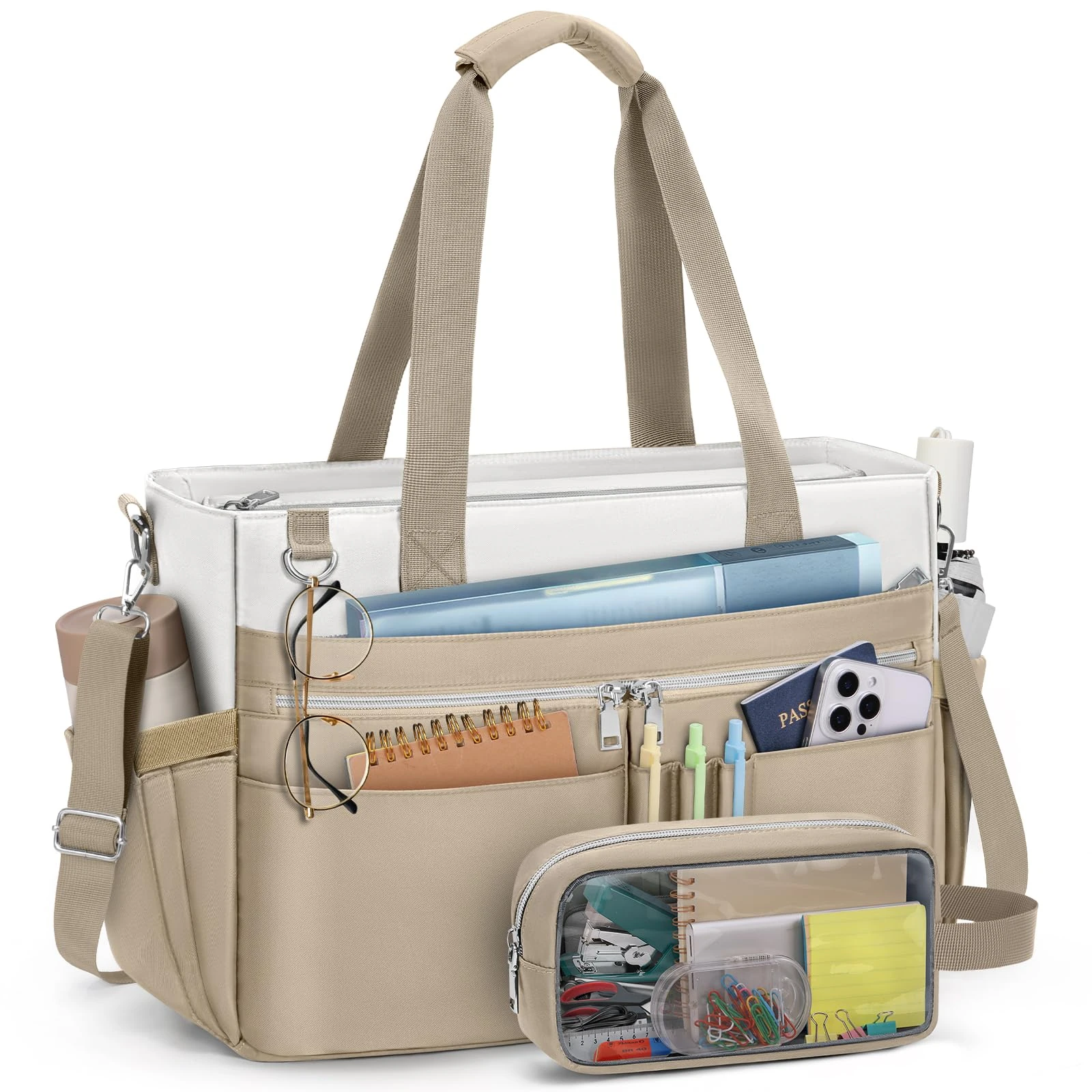 RAINSMORE Laptop Tote Bags for Women 15.6 Inch Teacher Bag Large Utility Nurse Bag Water Resistant Briefcase with Insulated Pockets for Work Office Travel University White And khaki