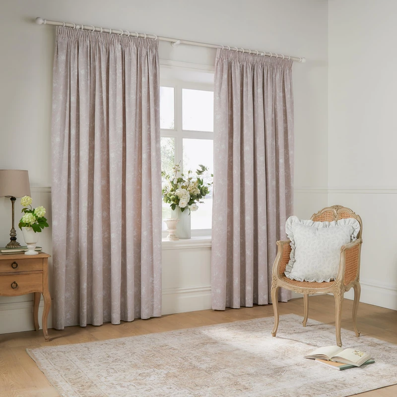 furn. Wylder Bella Pencil Pleat Curtain Pair – 100% Cotton Natural Botanical Floral Lined Drapes (Natural - 168x183cm)