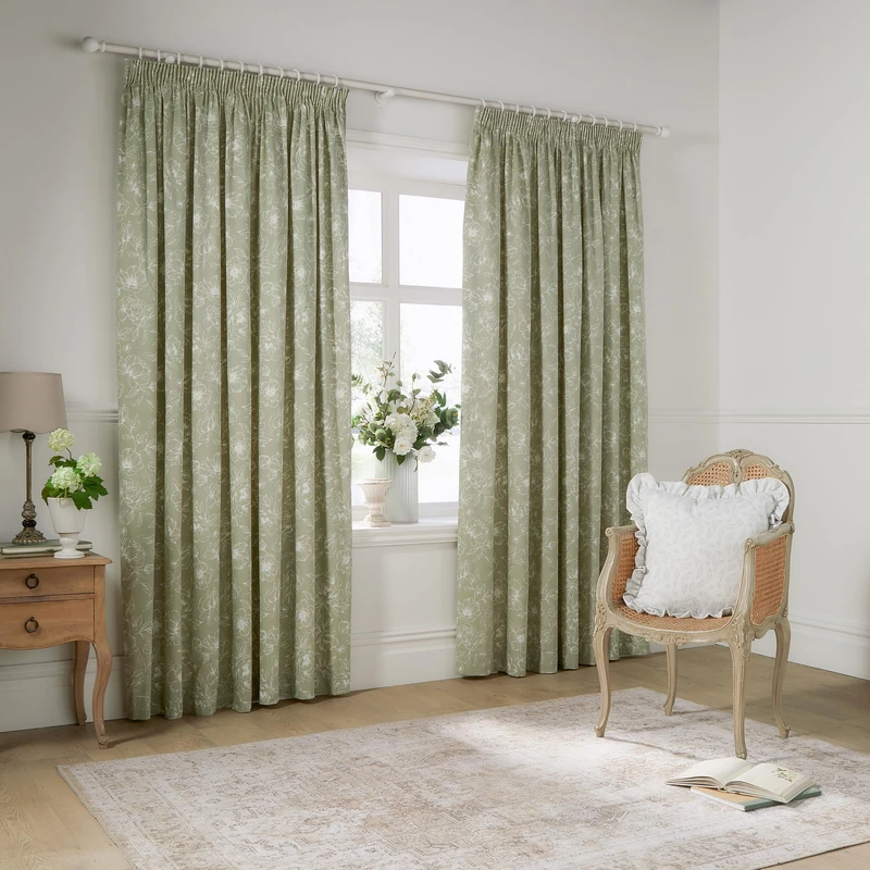 furn. Wylder Bella Pencil Pleat Curtain Pair – 100% Cotton Natural Botanical Floral Lined Drapes (Sage - 168x183cm)