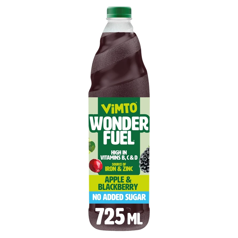 Vimto Wonderfuel Squash – No Added Sugar – Vitamins B, C & D – Iron & Zinc – 725ml – Breakfast Functional Drink – Apple & Blackberry