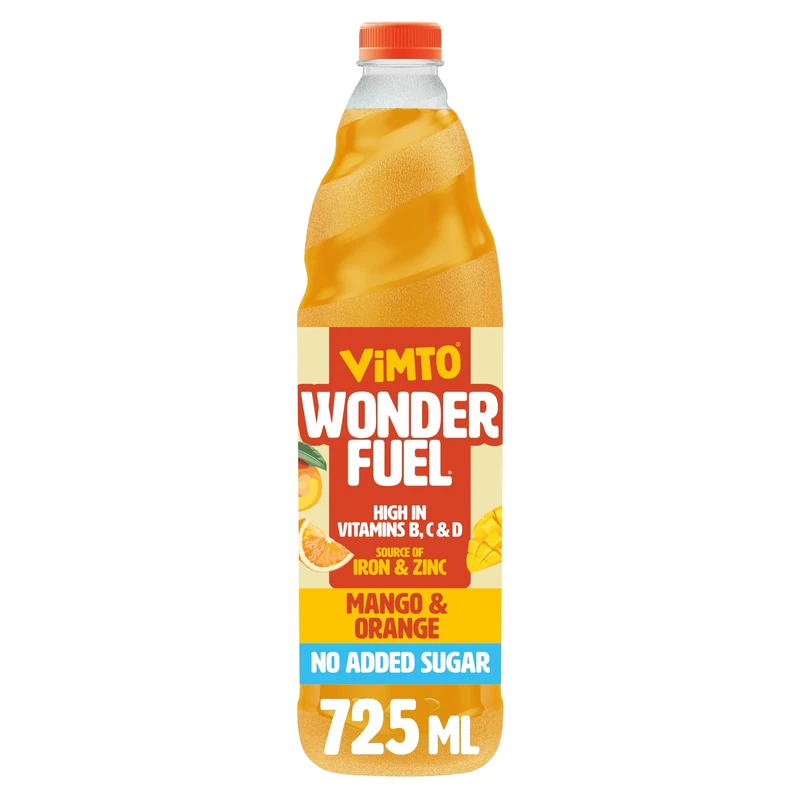 Vimto Wonderfuel Squash – No Added Sugar – Vitamins B, C & D – Iron & Zinc – 725ml – Breakfast Functional Drink – Mango & Orange