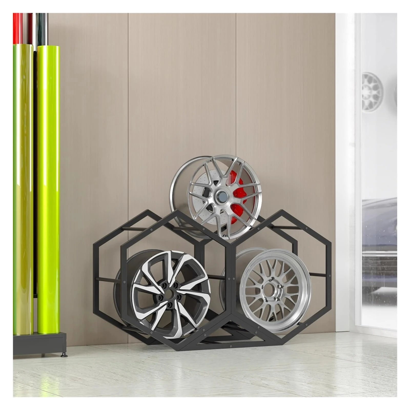 SaryEdge Tire Rack Wall Display Rack, Single Car Tire Storage Holder for Small Space, Heavy Duty Spare Tire Rack for Semi Truck, Tire Equipment Shelf(2+1