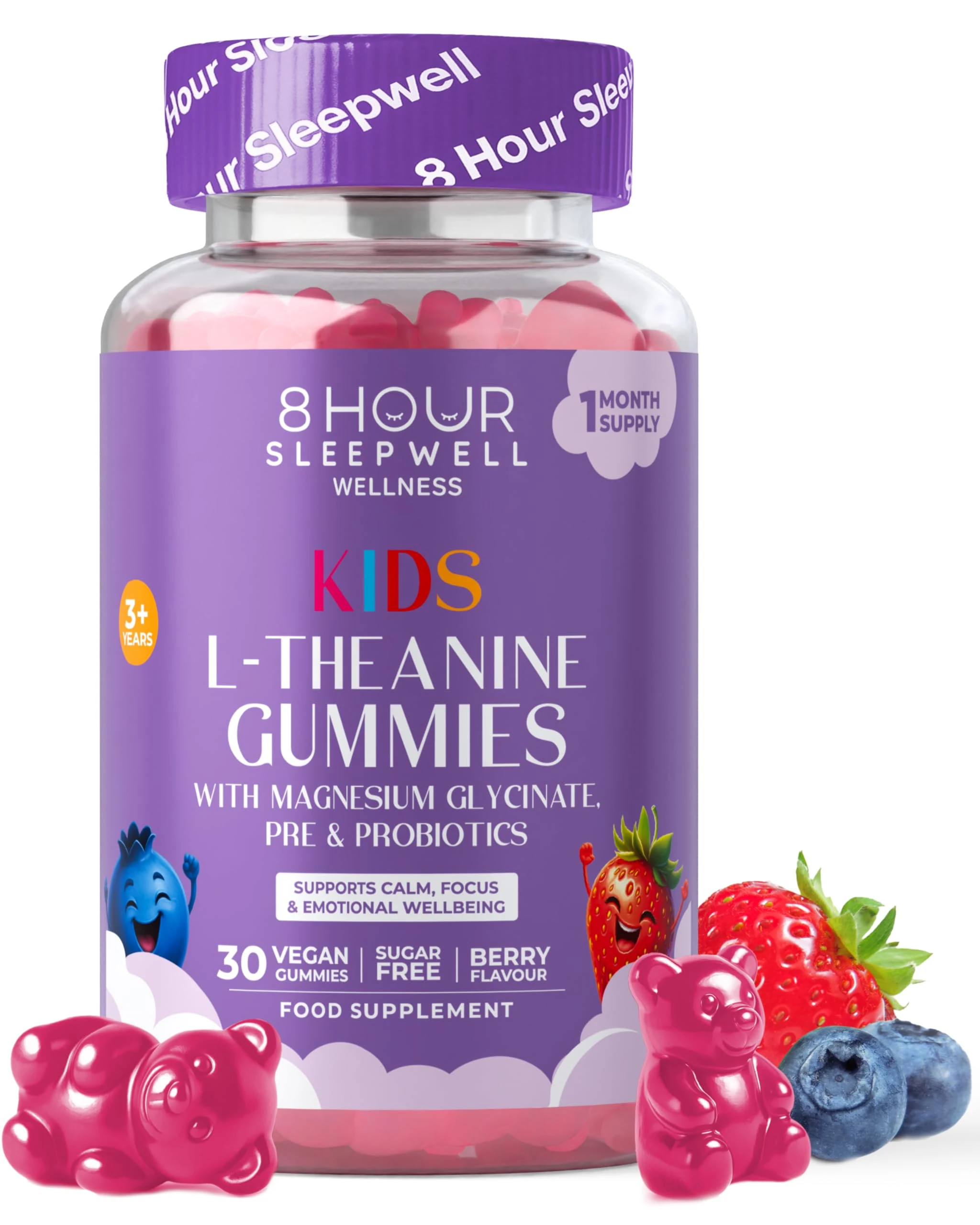 Kids L Theanine Gummies – 50mg with Magnesium Glycinate & Prebiotics to Improve Kids Concentration & Focus | Sugar-Free, Vegan & Chewable | Ages 3+ | Berry Flavour | 1 Month Supply