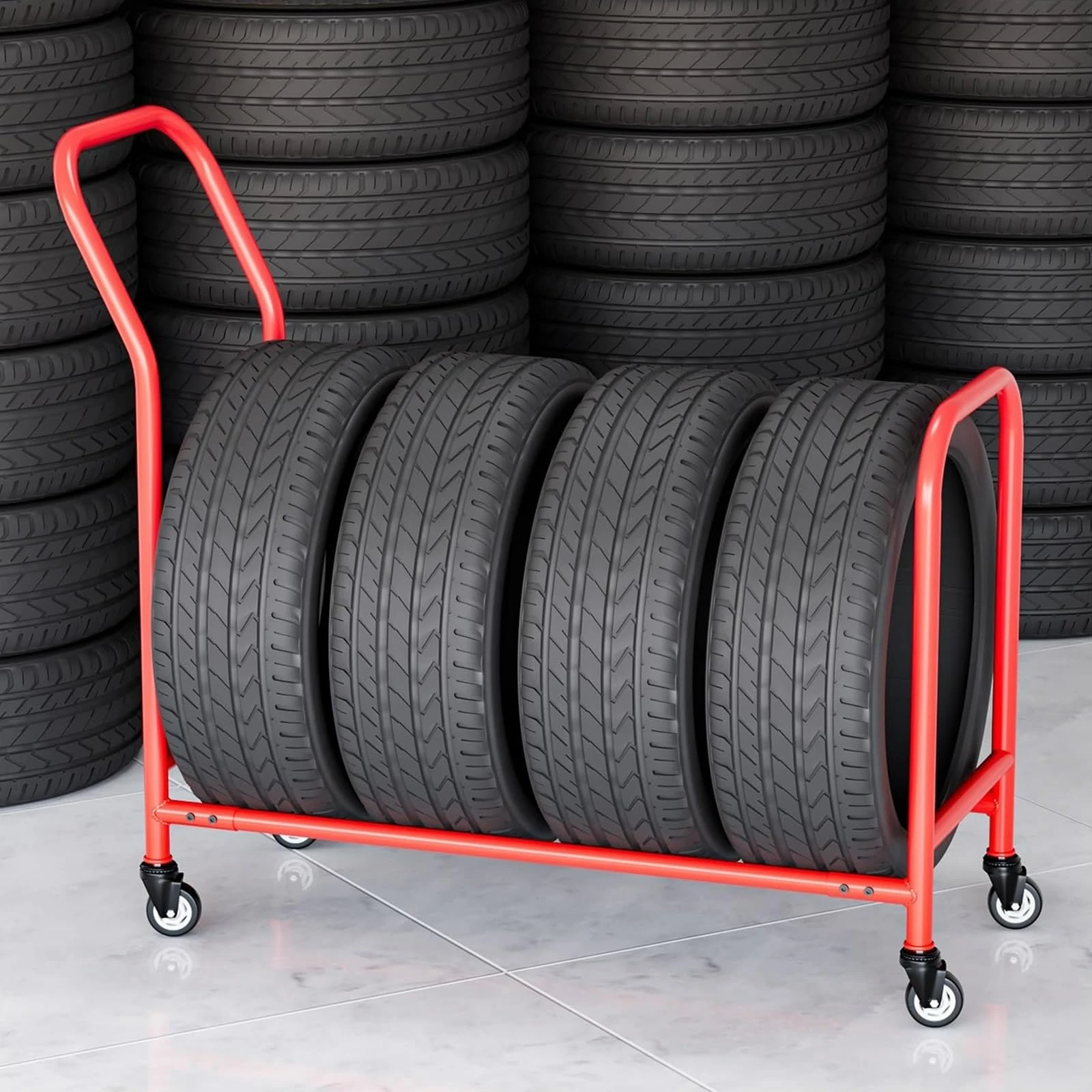 SaryEdge Car Tire Storage Rack,Basement Tire Display Stand for Trucks, Free Standing Tire Shelf Rack for Winter Snow Tires Semi Tires Old Rims, Rolling Cart Hold(