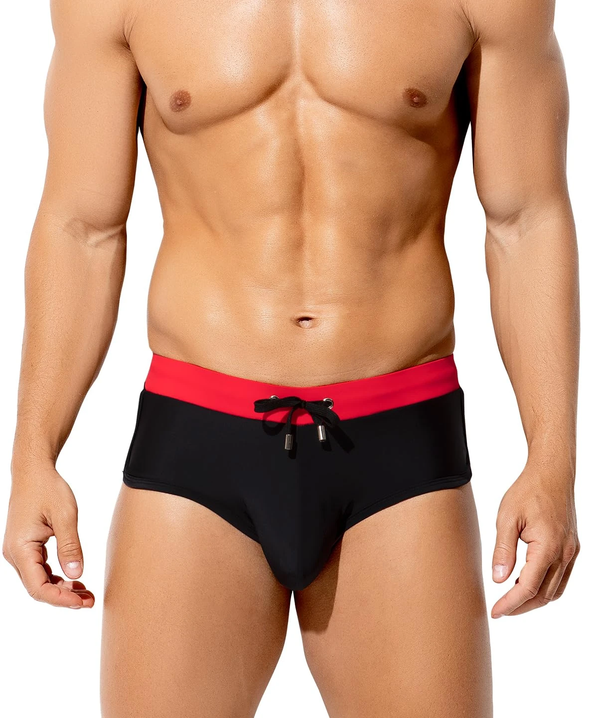 Mauro Kane Men's Sexy Low Rise Swim Briefs Color Clash Swimsuits Board Surf Bikini Bottom Swimwear with Drawstrings,Red,Large