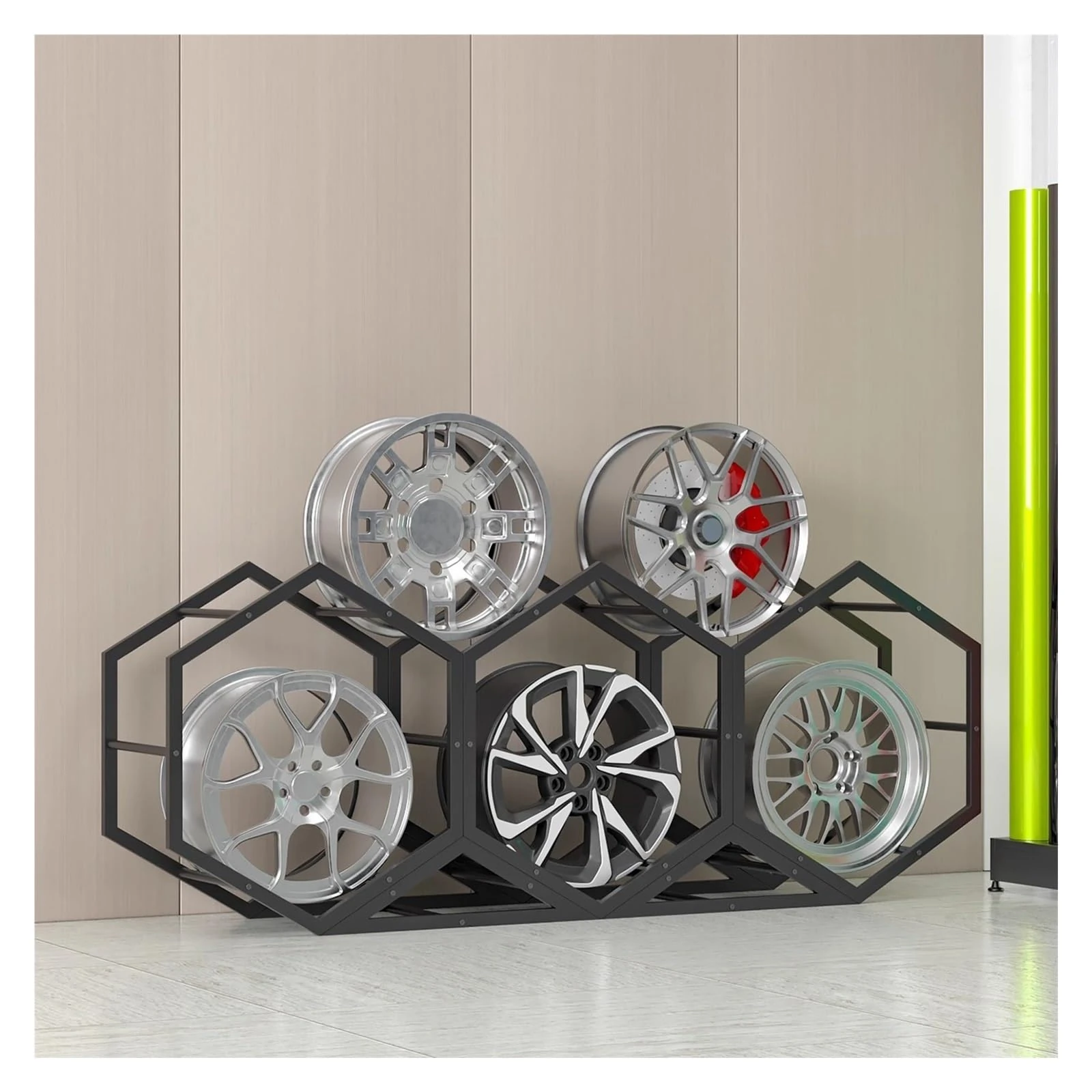 SaryEdge Rims Tire Rack for Garage, Triangle Hexagon Small Tire Display Rack, Steel Spare Tyre Organizer for Home Garage Shop, Wheel Organizer Holder(3+2