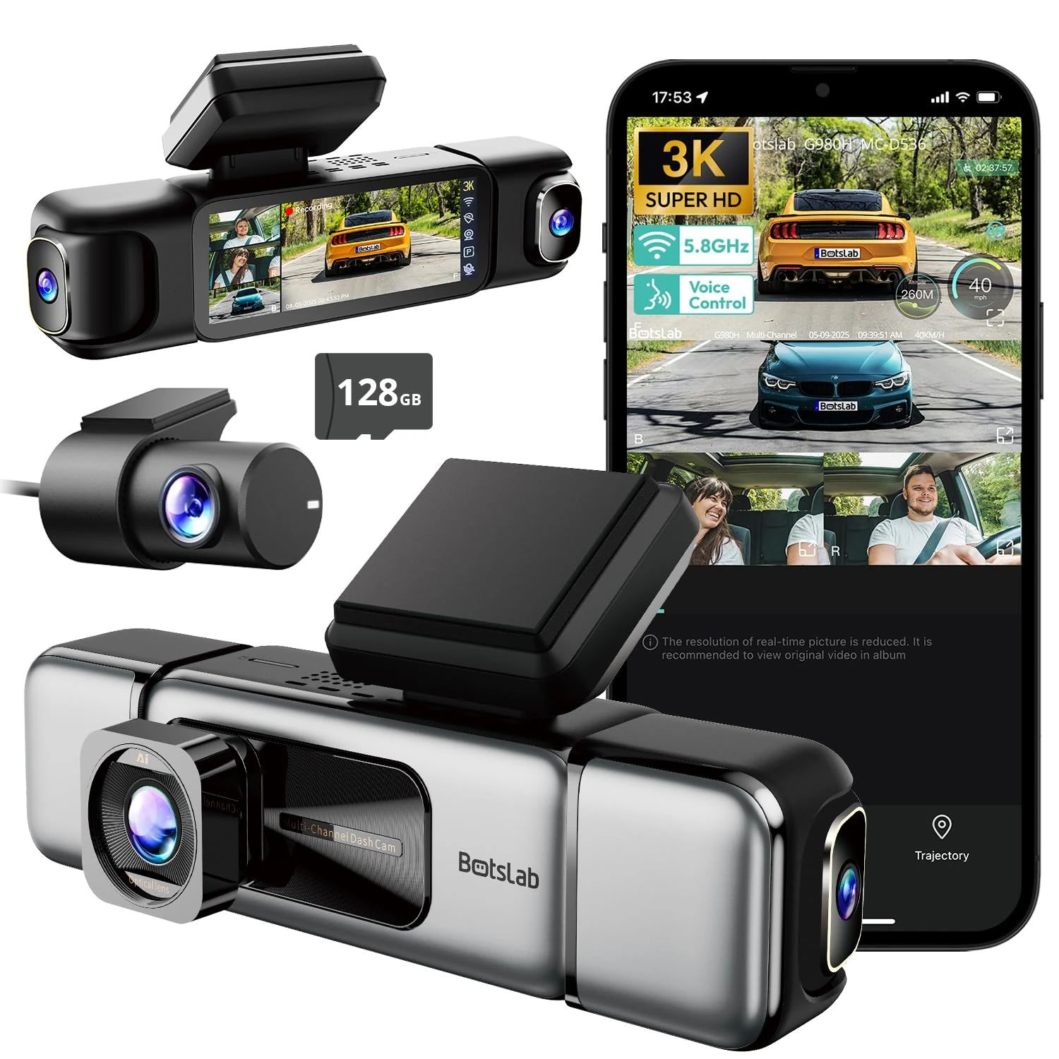 BOTSLAB 3K 4 Channel Dash Cam, 3K/4K Front and 1080p*3 Car Camera Left Right Inside, 560° Dash Cam for Car, Built-in 5.8GHz WiFi and GPS, Voice Control, Included 128GB SD Card
