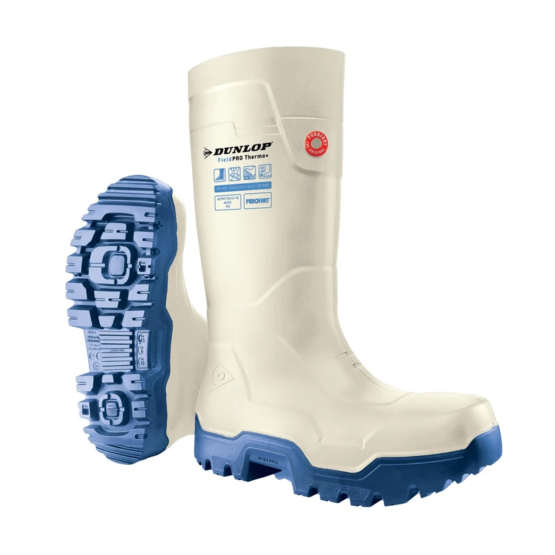 DUNLOP FieldPRO Thermo+ Full Safety Wellington Boot - Unisex, Lightweight and Cold-Insulated, Heavy Duty Work Boots with Composite Toe, Purofort, White/Blue - EU49, UK14