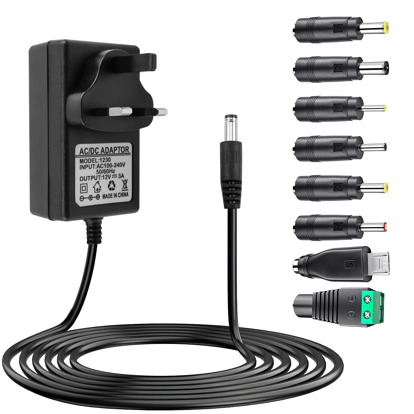 12V 3A Power Supply Adapter 36W Universal AC DC Cable with 8 Tips Connectors Regulated UK Plug Charger 100-240V 50-60Hz for Household Electronics LED Strip Camera Router Laptop Monitor TV Box Printer