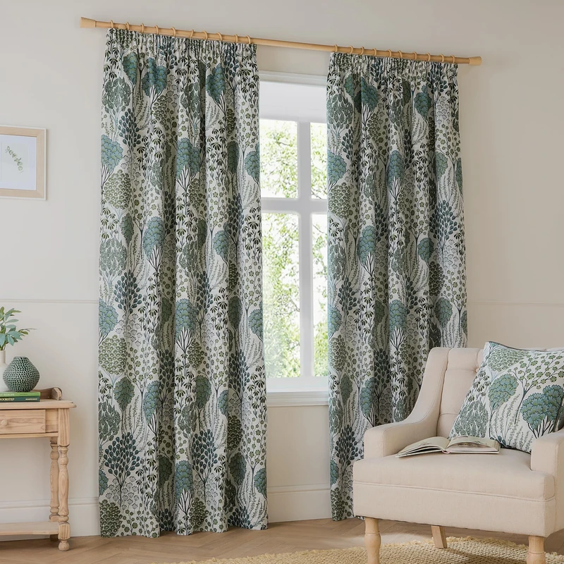 furn. Wylder Ophelia Room Darkening Pencil Pleat Curtain Pair – Bold Botanical Floral Jacquard Drapes (Thyme/Mineral - L 137 x W 229cm - 2 Pannels)