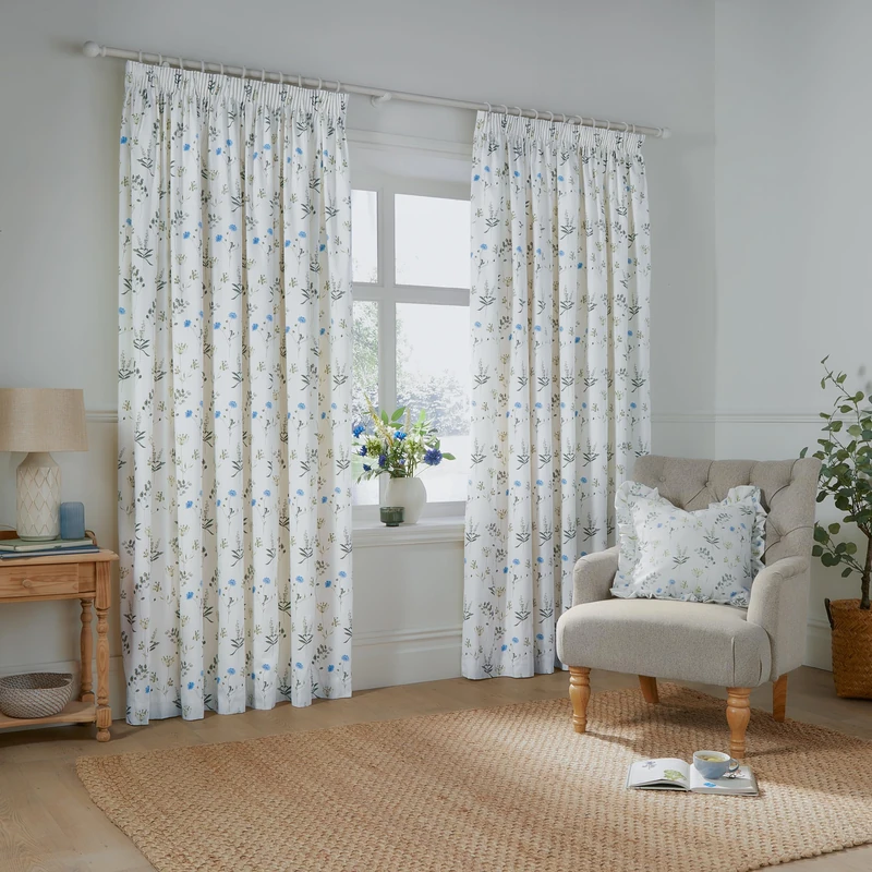 furn. Wylder Meadow Pencil Pleat Curtain Pair – 100% Cotton Country Floral Lined Drapes (White/Cornflower - 168x137cm)