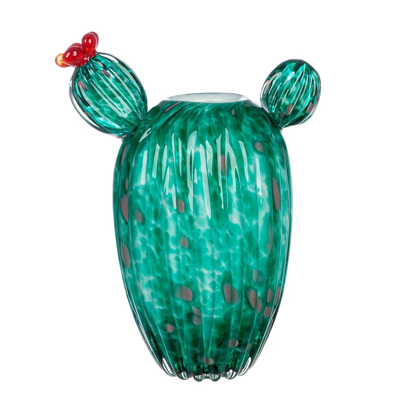 Glass Art Vase Cactus Blossom – Green, Red, White – Glass – Height 26 cm – Waterproof Flower Vase