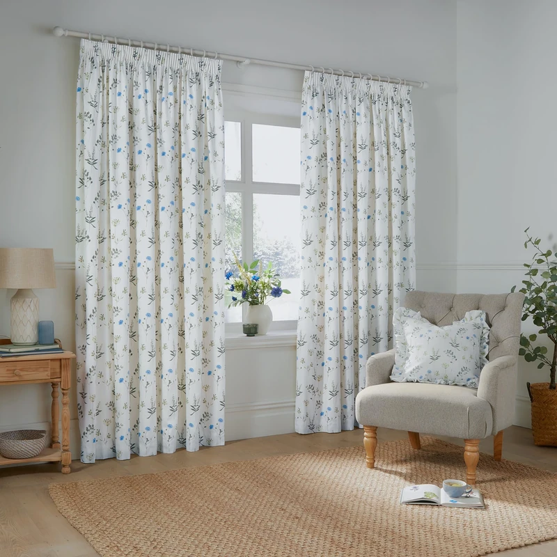 furn. Wylder Meadow Pencil Pleat Curtain Pair – 100% Cotton Country Floral Lined Drapes (White/Cornflower - 168x183cm)