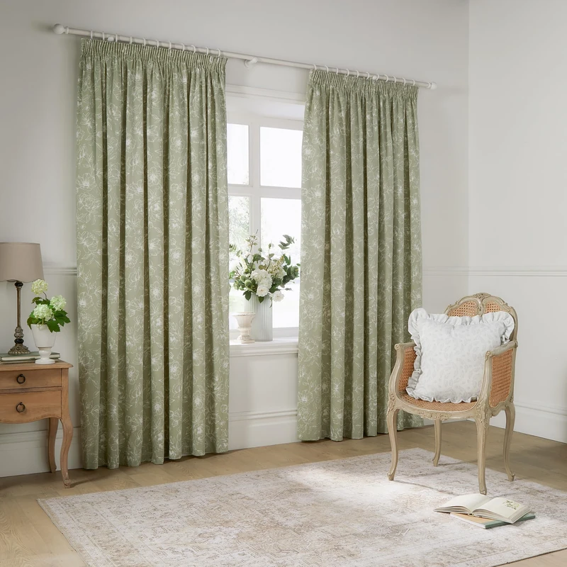 furn. Wylder Bella Pencil Pleat Curtain Pair – 100% Cotton Natural Botanical Floral Lined Drapes (Sage - 229x183cm)
