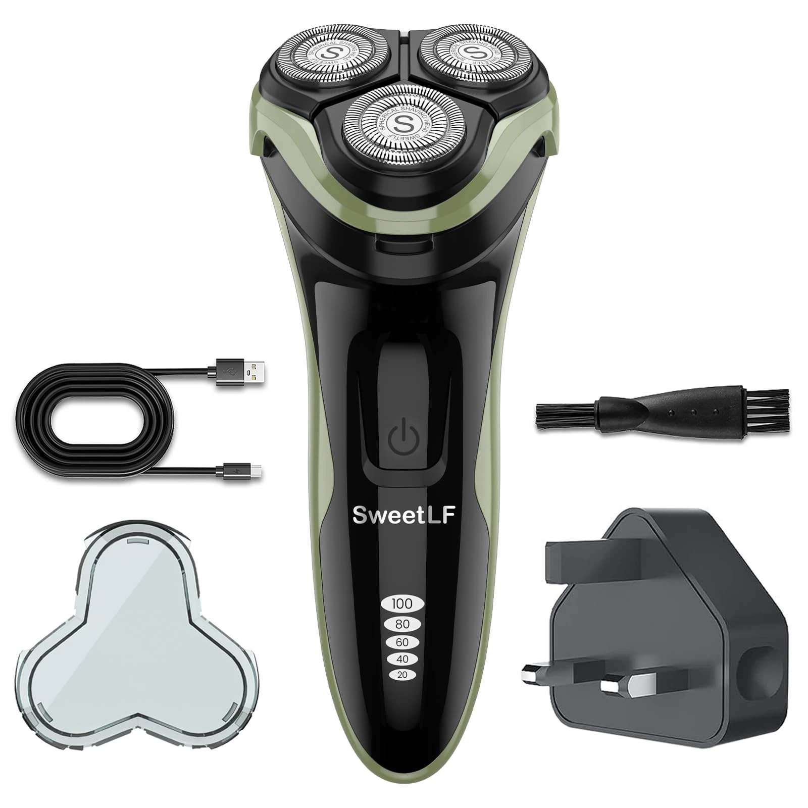 SweetLF Electric Razor for Men, 120 Min Shaving, Fast UK Adapter (1H Charging),100% Waterproof, Wet & Dry Rotary Shavers for Men with Pop-up Trimmer, LED Display, Green