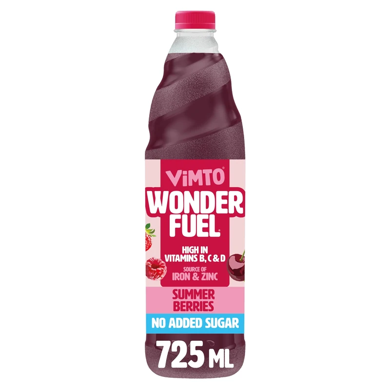 Vimto Wonderfuel Squash – No Added Sugar – Vitamins B, C & D – Iron & Zinc – 725ml – Breakfast Functional Drink – Summer Berries
