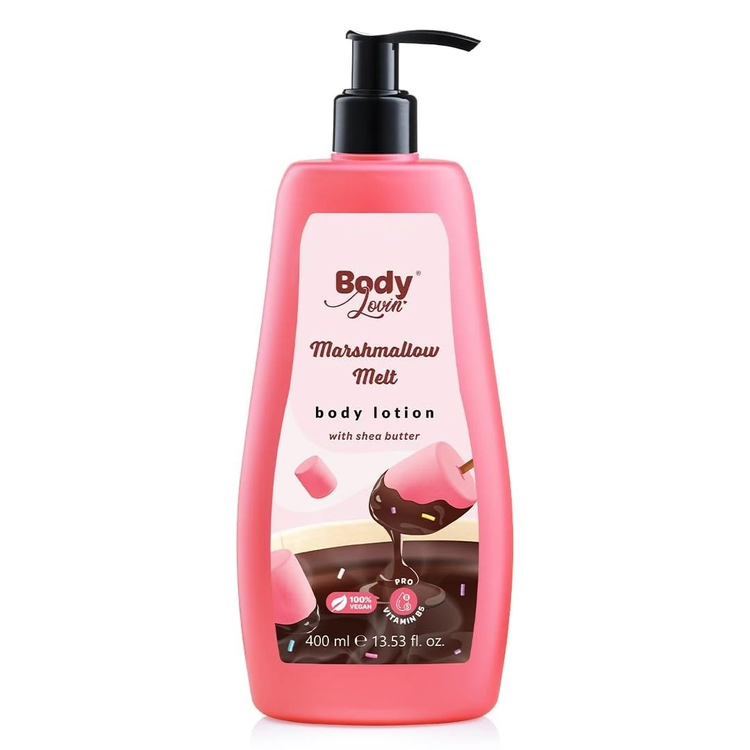 BodyLovin' Marshmallow Melt Body Lotion – 400ml | Shea Butter & Vitamin B5 | Deep Moisturization | Non-Greasy | Soft & Glowing Skin | For Dry to Very Dry Skin | Cozy Cocoa Marshmallow Fragrance