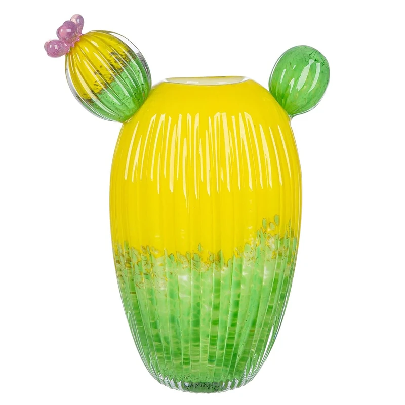 Glass Art Vase Cactus Flower – Yellow, Green, Purple – Glass – Height 32 cm – Waterproof – Table Vase