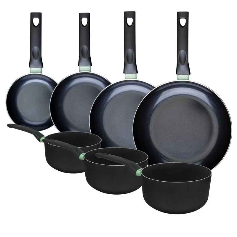 Fackelmann 9431150 Set of 4 Frying Pans 16, 20, 24 and 28 cm and 3 Saucepans 16 18 and 20 cm Non-Stick Ceramic Coating PFAS Free All Heat Sources Induction Aluminium Black Green