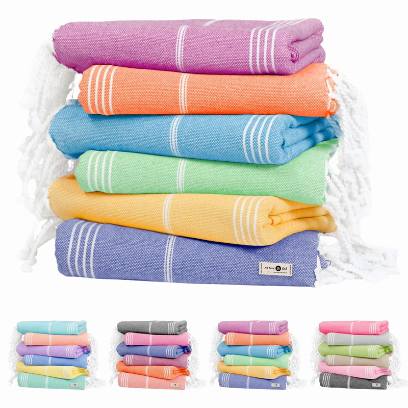 Native Fab 6 Pack Turkish Beach Towels, Oversized 40"x71", 100% Cotton, Thin & Lightweight, Quick-Dry, Sand-Free, Soft, Travel Friendly, Compact, Ideal for Pool, Spa, Gym, Beach - Multi 6 Colors